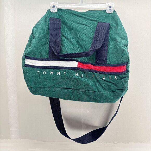 Vintage Tommy Hilfiger Nylon Lined Duffle Green with Stripe 21"x11" EUC - Picture 1 of 4